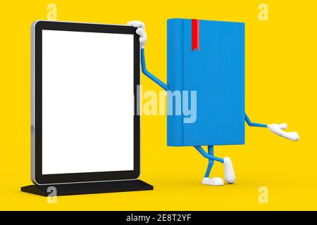 Mascotte de personnage de livre bleu avec écran d'affichage blanc d'exposition d'écran LCD Stand comme modèle pour votre conception sur un fond jaune. Rendu 3d Banque D'Images