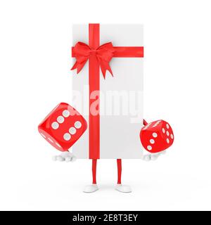 Coffret cadeau blanc et mascotte de personnage de ruban rouge avec cubes de dés de jeu rouge en vol sur fond blanc. Rendu 3d Banque D'Images