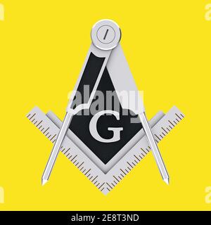 Maçonnerie carré d'argent et compas avec lettre G symbole de logo Emblem sur fond jaune. Rendu 3d Banque D'Images