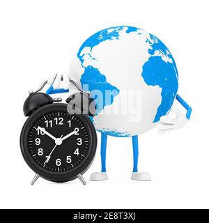 Mascotte de personnage Earth Globe avec réveil sur fond blanc. Rendu 3d Banque D'Images