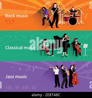 Bandeau horizontal musiciens avec éléments de musique rock classique jazz illustration vectorielle isolée Illustration de Vecteur