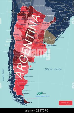 Argentine carte détaillée modifiable avec régions villes, routes et chemins de fer, sites géographiques. Fichier vectoriel EPS-10 Illustration de Vecteur