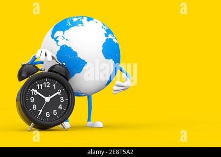 Mascotte de personnage Earth Globe avec réveil sur fond blanc. Rendu 3d Banque D'Images