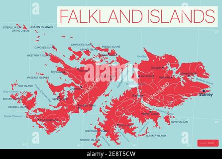 Îles Falkland carte détaillée modifiable avec régions villes, routes et chemins de fer, sites géographiques. Fichier vectoriel EPS-10 Illustration de Vecteur