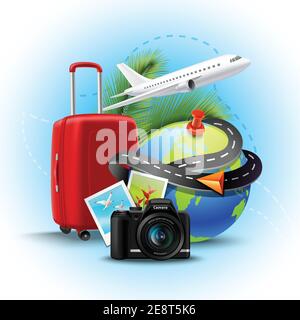 Vacances et arrière-plan de vacances avec une valise et une photo réalistes illustration vectorielle de la caméra Illustration de Vecteur