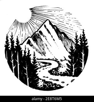 Pic de montagne et rivière de montagne. Dessin noir et blanc Banque D'Images