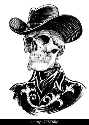 Squelette humain dans les vêtements de cow-boy. Dessin noir et blanc Banque D'Images