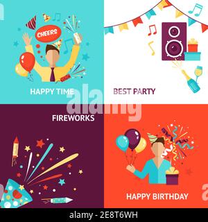 Ensemble concept de fête avec feux d'artifice d'anniversaire icônes plates isolées illustration vectorielle Illustration de Vecteur