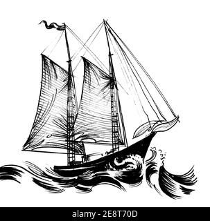 Navire à voile en mer agitée. Dessin noir et blanc Encre Banque D'Images