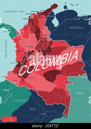 Carte détaillée modifiable du pays de la Colombie avec régions villes et villes, routes et chemins de fer, sites géographiques. Fichier vectoriel EPS-10 Illustration de Vecteur