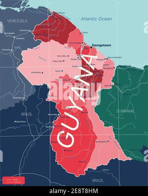 Guyane carte détaillée modifiable avec régions villes, routes et chemins de fer, sites géographiques. Fichier vectoriel EPS-10 Illustration de Vecteur