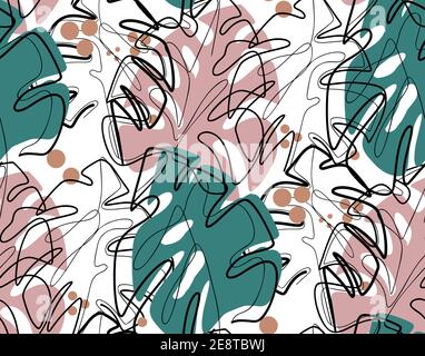 Illustration sans couture des contours des feuilles de monstère avec des taches de couleur. Flore tropicale. Image monoline. Feuillage vectoriel tendance à lignes continues Illustration de Vecteur