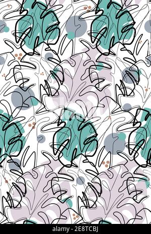 Illustration sans couture des contours des feuilles de monstère avec des taches de couleur. Flore tropicale. Image monoline. Feuillage vectoriel tendance à lignes continues Illustration de Vecteur