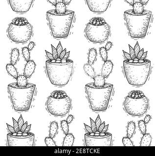 Texture d'esquisse sans couture avec cactus faits maison et succulents dans des pots avec des hachures dans une rangée. Décorations pour l'intérieur. Motif de contour vectoriel pour wa Illustration de Vecteur