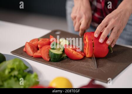 Coupe des légumes pour une salade fraîche jeune femme de ménage coupe le poivron, le concombre, la tomate sur la planche à découper en préparant un dîner familial dans la nouvelle Banque D'Images