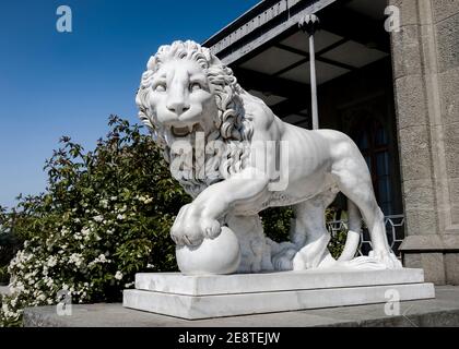 ALUPKA, RUSSIE - 04 MAI 2009 : lion de pierre dans le parc du palais Vorontsov construit au XIXe siècle près des montagnes de Crimée à Alupka, Russie Banque D'Images