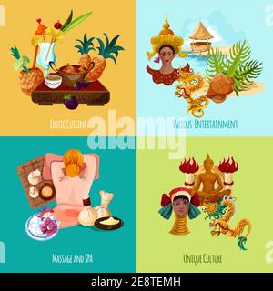 Thaïlande concept touristique ensemble avec cuisine exotique massage spa illustrations vectorielles isolées des icônes de dessins animés de culture et de divertissement Illustration de Vecteur