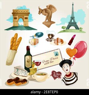 Paris ensemble touristique avec baguette de dessin animé vin croissant bouteille de vin icônes illustration vectorielle isolée Illustration de Vecteur