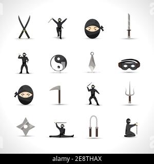 NINJA Icons Flat Set avec des hommes japonais dans les combats traditionnels costumes et illustration de vecteur isolé d'arme Illustration de Vecteur