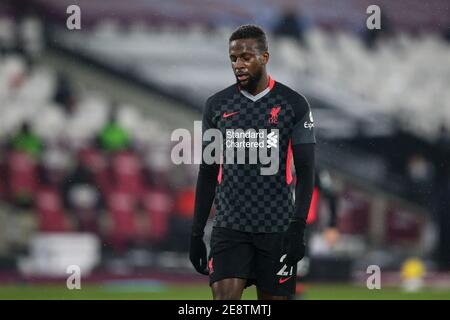 LONDRES, ANGLETERRE - JANVIER 31 : le Divock Origi de Liverpool réagit lors du match de la Premier League entre West Ham United et Liverpool au London Stadium le 31 janvier 2021 à Londres, au Royaume-Uni. Les stades sportifs du Royaume-Uni restent soumis à des restrictions strictes en raison de la pandémie du coronavirus, car les lois de distanciation sociale du gouvernement interdisent aux fans à l'intérieur des lieux, ce qui entraîne des matchs à huis clos. (Photo de Craig Mercer/MB Media) Banque D'Images