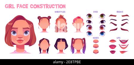 Construction de visage de fille, création d'avatar avec différentes parties de tête isolées sur fond blanc. Ensemble de dessins animés vectoriels de jeunes femmes ou enfants yeux, nez, sourcils et lèvres. Pack de peau pour générateur de visage Illustration de Vecteur