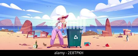 Une femme collecte les déchets dans la poubelle sur la plage. Concept des problèmes environnementaux, de l'écologie et de la pollution des océans. Illustration de dessin animé vectoriel de déchets de nettoyage volontaires pour recyclage sur la côte de mer Illustration de Vecteur