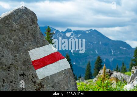 Un sentier typique blanc-rouge-blanc, le signal des chemins de randonnée en Suisse Banque D'Images