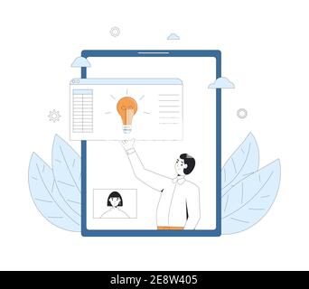 Tutorat ou formation individuelle. Éducation personnelle en ligne. Apprentissage numérique. Un jeune enseignant et une étudiante de sexe féminin parlent les uns aux autres. Internet avec Illustration de Vecteur