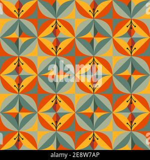 Motif fleuri abstrait plat dans des couleurs tendance pour 2021. Tons de fleurs stylisées vertes, orange et jaunes sur fond de carrés. Vecteur EPS10 Illustration de Vecteur
