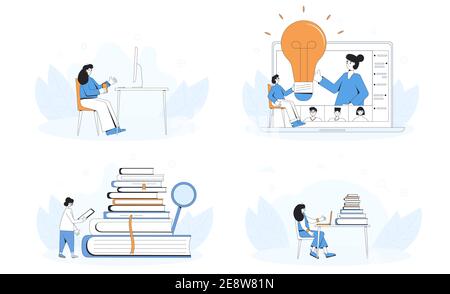 Kit de formation en ligne. Collection de concepts d'apprentissage numérique. Des personnes qui parlent entre elles à distance. Enseignant et étudiants. Webinaire Internet ou vidéo en ligne Illustration de Vecteur