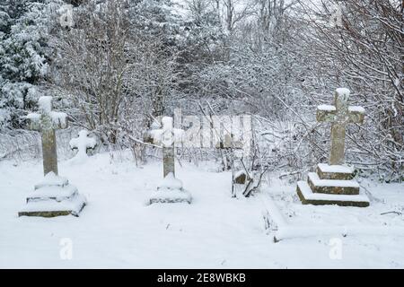 La pierre tombe traverse dans le cimetière St Marys dans la neige. Swinbrook, Cotswolds, Oxfordshire, Angleterre Banque D'Images