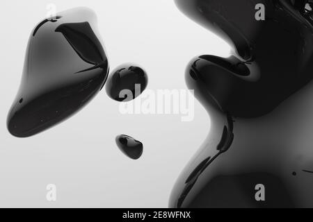 Résumé gouttes de liquide noir éclaboussant sur un fond blanc - illustration, image 3D reconstruite générée par ordinateur - vue rapprochée Banque D'Images