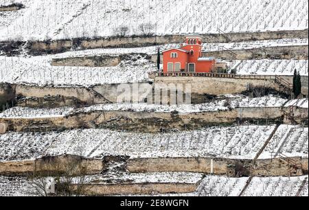 Freyburg, Allemagne. 26 janvier 2021. Un cottage de vignoble rouge se trouve dans les vignobles enneigés de la vallée d'Unstrut. Credit: Jan Woitas/dpa-Zentralbild/ZB/dpa/Alay Live News Banque D'Images