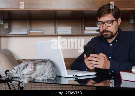 Jeune homme d'affaires barbu assis dans le bureau à la maison à la table et utilise un ordinateur portable, voisin assis chat gris. Sur la table est smartphone, papier, livres, tasse de café. Travail Banque D'Images