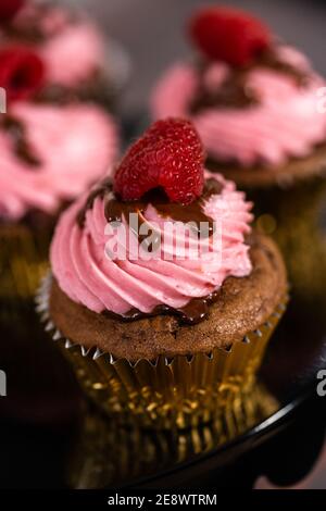 Des cupcakes au chocolat gourmets, arrosés de ganache au chocolat et recouverts d'une framboise fraîche. Banque D'Images