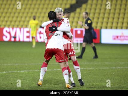 Kevin Voland, de Monaco, célèbre son but avec Caio Henrique De Monaco (blonde) pendant le championnat de France Ligue 1 de football / LM Banque D'Images