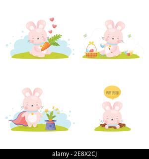 Ensemble mignon de lapin de Pâques à motif dessin animé. Illustration vectorielle. Illustration de Vecteur