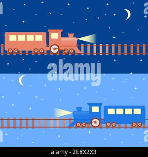 Motif de dessin animé sans couture avec trains sur le ciel nocturne Illustration de Vecteur