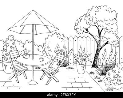 Jardin graphique arrière-cour table noir blanc esquisse illustration vecteur Illustration de Vecteur