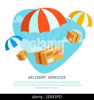 Concept de service de livraison. Illustration vectorielle colorée et plate du boîtier avec parachute. Service de livraison rapide, livraison de colis, livraison gratuite Illustration de Vecteur