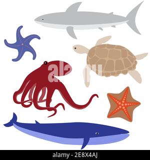 Set 4 de la vie de mer: Pieuvre, requin, baleine, tortue, étoiles de mer Illustration de Vecteur