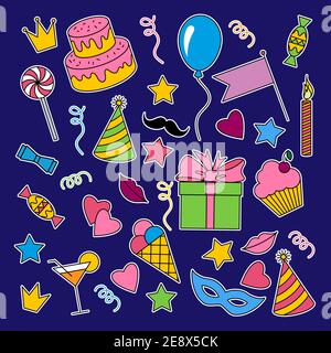 Autocollants amusants pour les fêtes. Ensemble d'icônes colorées pour les notes. Vecteur Illustration de Vecteur