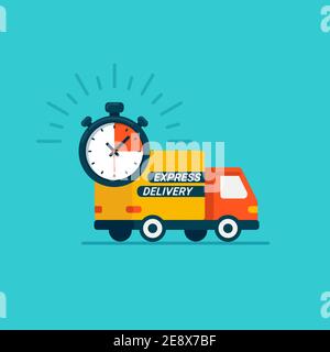 Service de livraison express. Livraison en voiture ou par camion. Colis Service de livraison express. Design plat icône camion et minuteur sur fond bleu. Illustration de Vecteur