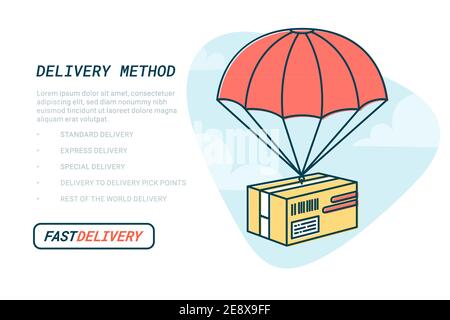Concept de service de livraison. Conception à contour plat illustration vectorielle colorée de l'emballage avec parachute. Service de livraison rapide, livraison de colis, gratuit Illustration de Vecteur
