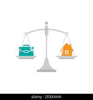 Balances mécaniques avec porte-documents et casseroles. Icône balances pour la maison et les affaires. Travail, argent et équilibre familial. Carrière et famille sur la balance. Illustration de Vecteur