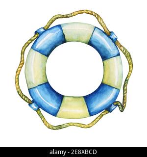 Illustration de l'ancien équipement nautique de bouée de sauvetage. Aquarelle dessinée à la main sur fond blanc. Banque D'Images