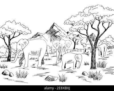 Éléphant dans savane graphique noir blanc paysage dessin vecteur d'illustration Illustration de Vecteur