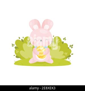 Adorable lapin de Pâques avec gros œuf de Pâques jaune. Illustration vectorielle. Illustration de Vecteur