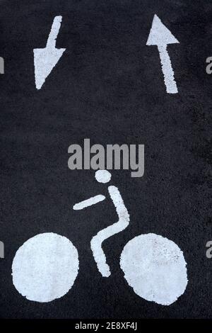 Marquage de voies cyclables indiquant la direction pour cyclistes sur une surface pavée dans une zone urbaine Banque D'Images