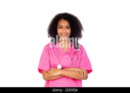 Adorable petit médecin avec uniforme rose isolé sur un blanc arrière-plan Banque D'Images